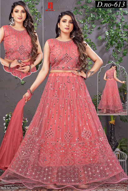 Designer Mirror Work Embroidered Net Lehenga Choli Set with Dupatta – Coral Pink | 12 Pcs | Made In India