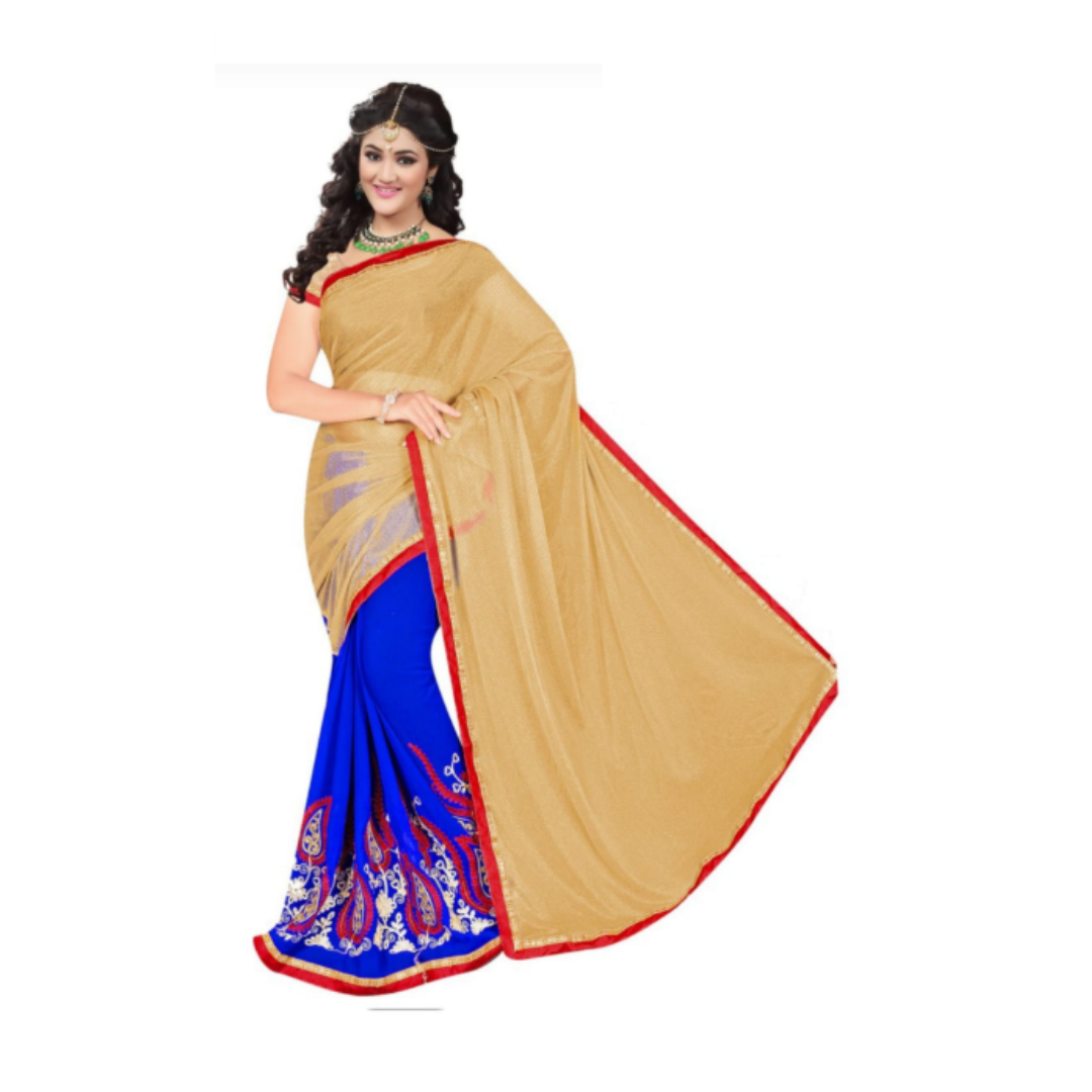 Royal Blue and Golden Designer Embroidered Saree with Contrast Border | 16 Pcs | Made In India